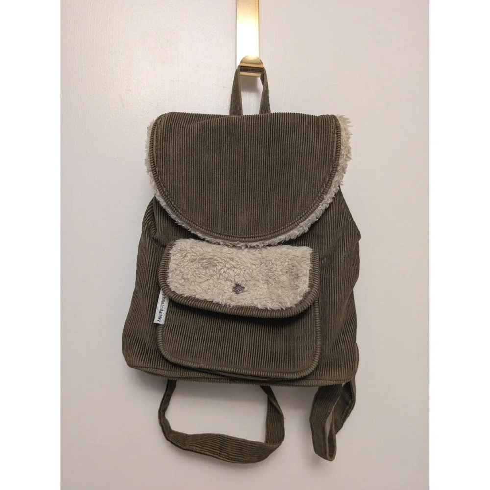 Mary-Kate and Ashley Corduroy Sherpa Backpack Olive Green Y2K Vintage Vacation